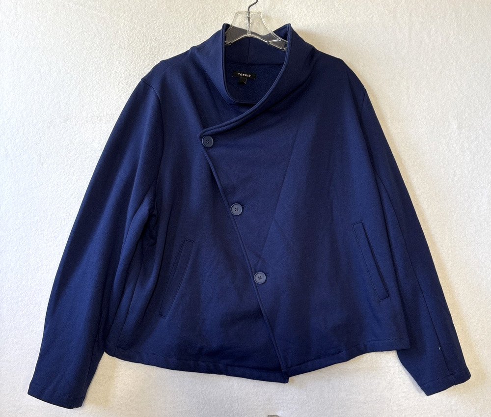 Torrid Women Navy Fleece Long Sleeve Asymmetric Drape Button Front Jacket 2X